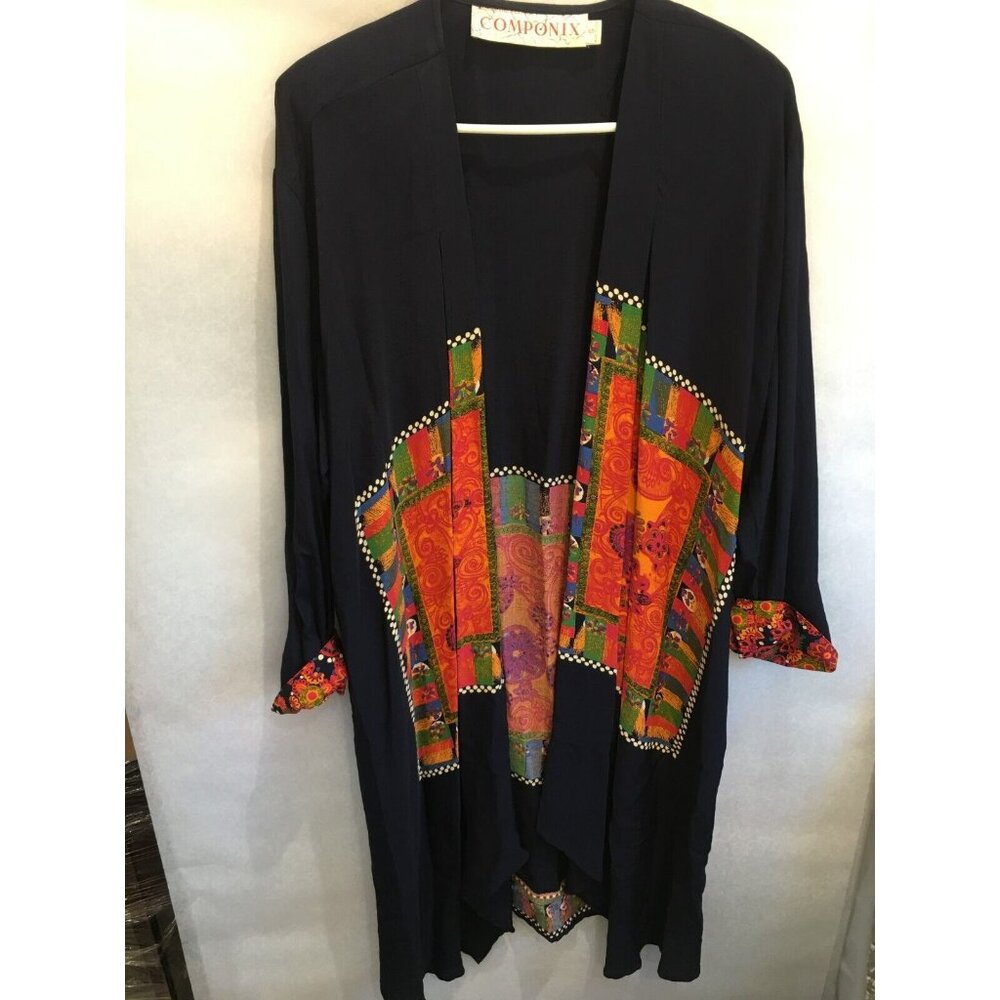 Componix Women's Pattered Open Front Long Sleeve Kimono Jacket Black Small